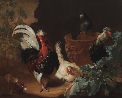 A Rooster, Two Chickens and Two Pigeons by an Antique Chipped Terra Cotta Vase in a Landscape by Abraham Bisschop